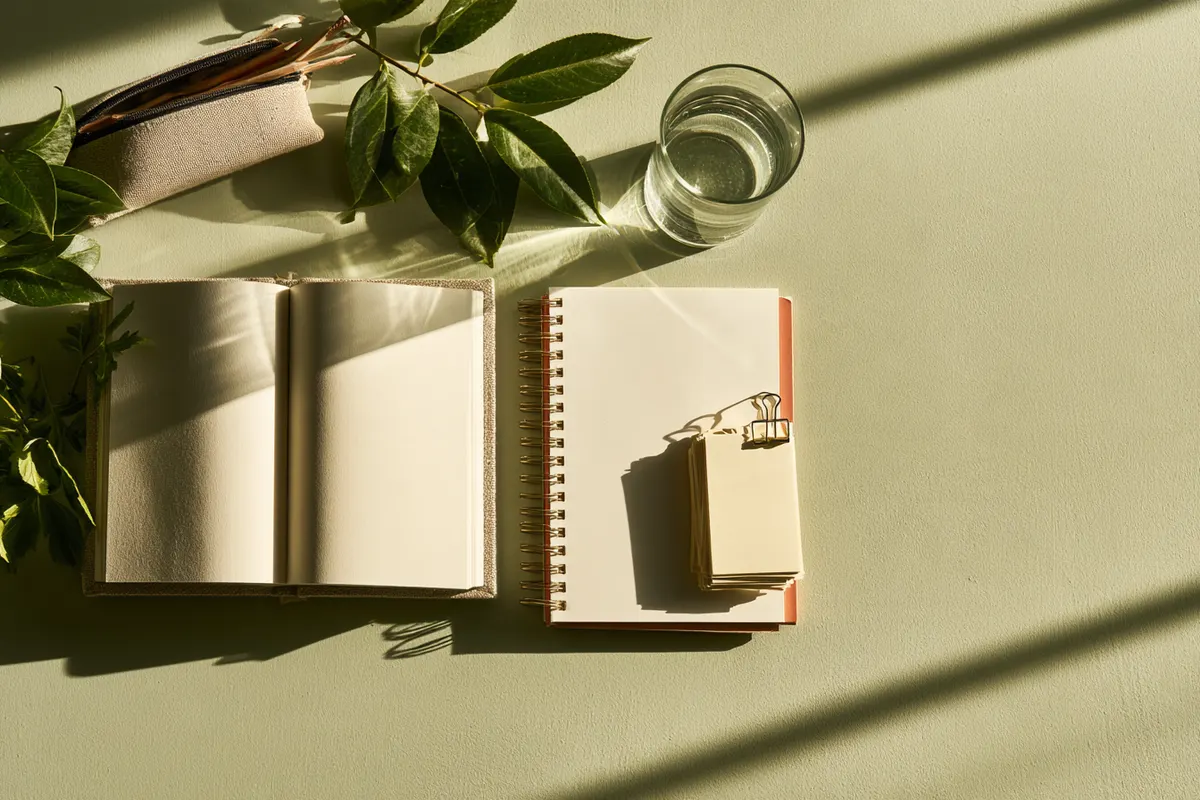 An open textbook, a spiral notebook and clipped cards on a pale green table, with a pencil case, a glass of water and a leafy sprig