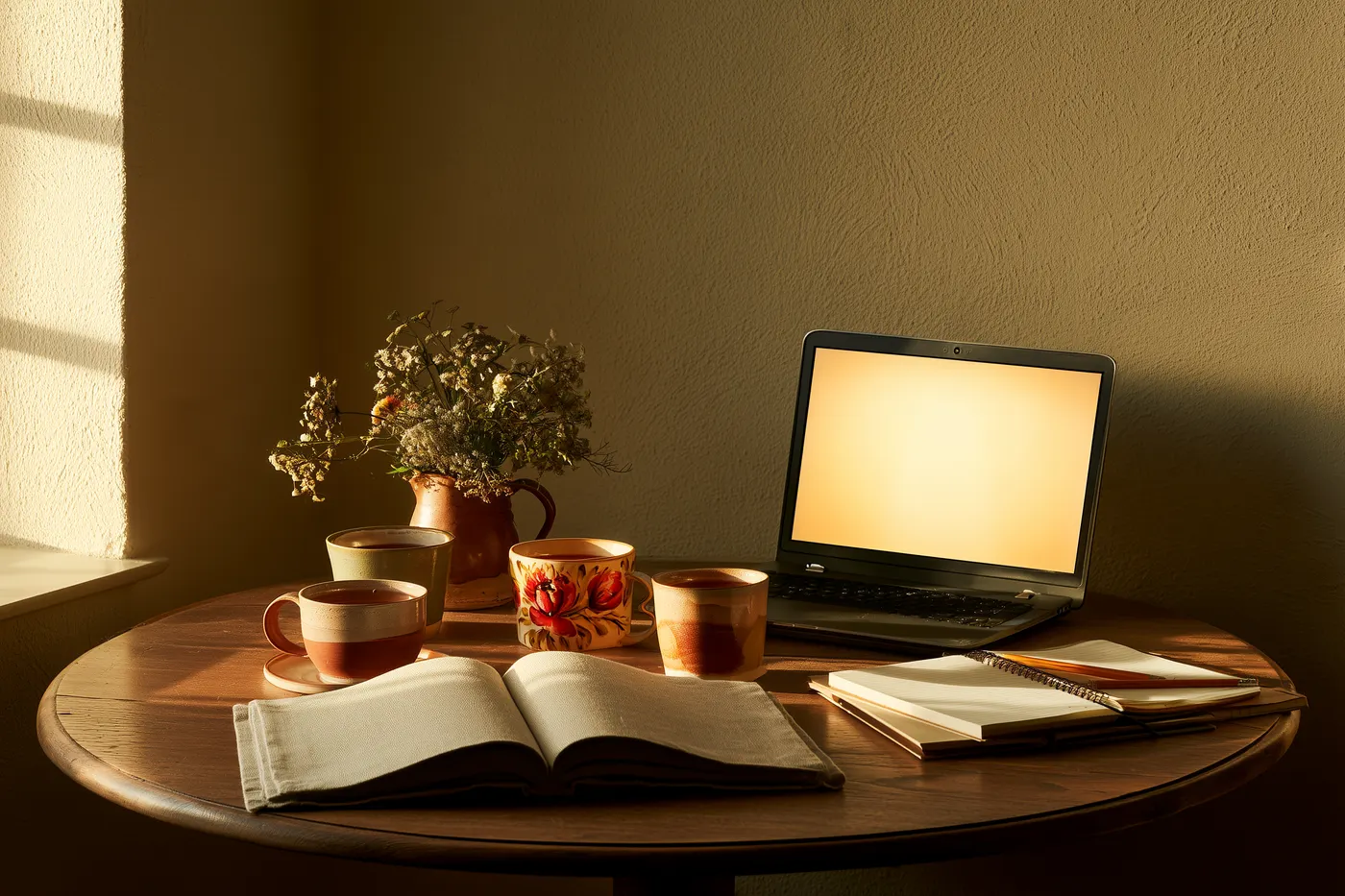 A round table: four cups of tea around an open laptop, a textbook and notebooks