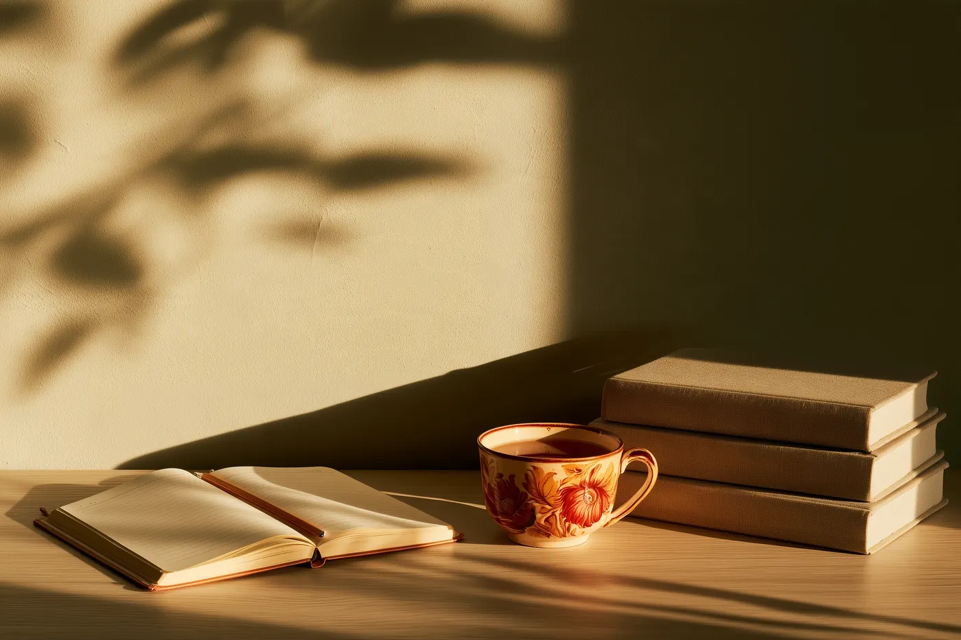 An open notebook with a pencil, a cup painted with Ukrainian flowers and three books on a table in the evening sun