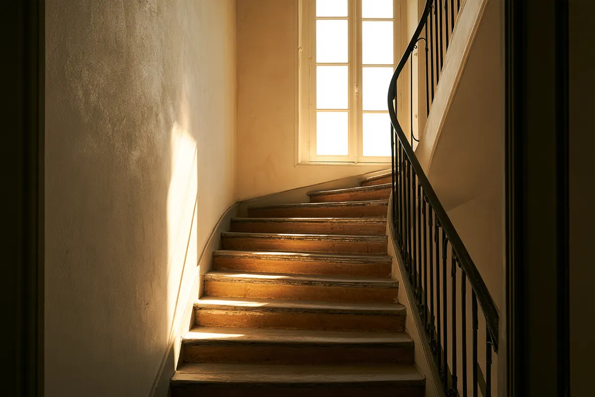 Old wooden stairs in a stairwell in the morning sun, with wrought-iron railings and a tall window on the landing