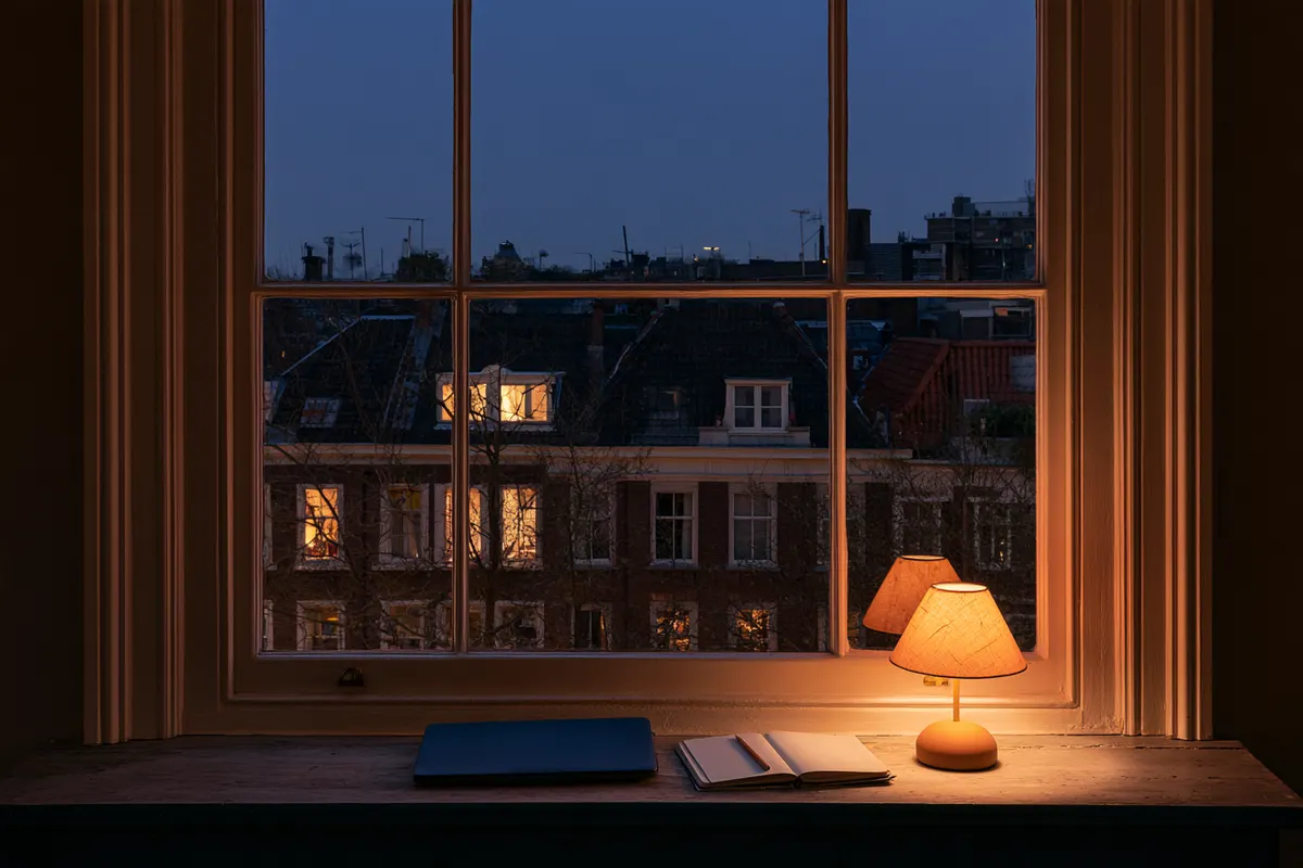 A deep old window in the evening: rooftops and lit windows of the city outside, a closed laptop, a notebook and a small lamp on the sill