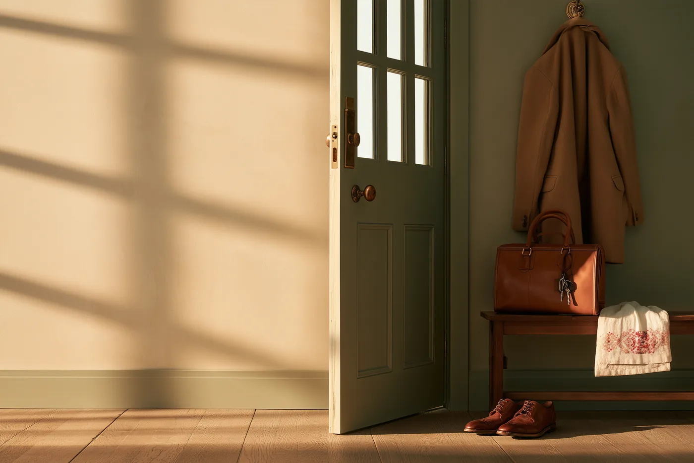 A hallway in the morning: the door ajar, a coat on the hook, a leather bag with keys and a linen towel with red embroidery on the bench, polished shoes beneath it