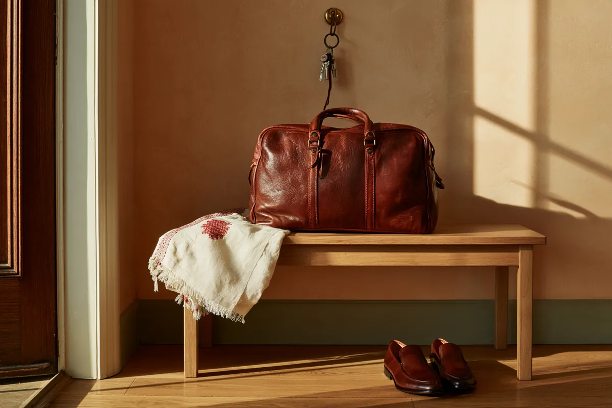 A leather work bag on an oak bench by the front door, a linen scarf with red embroidery beside it, keys on a brass hook and shoes on the floor in the morning sun