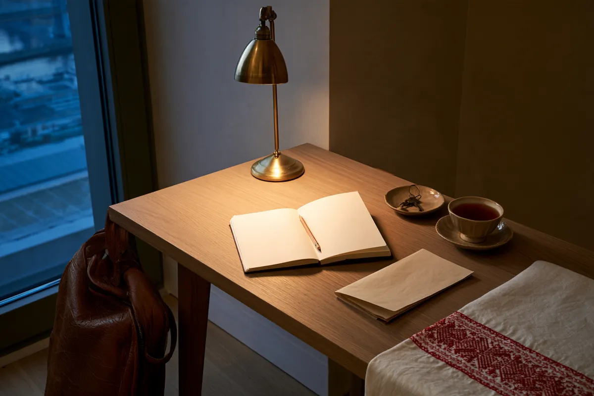 In the evening a brass lamp lights an open notebook with a pencil, beside it a folded sheet, a cup of tea, keys in a ceramic dish and a linen towel with red embroidery, a leather bag leaning against the table leg