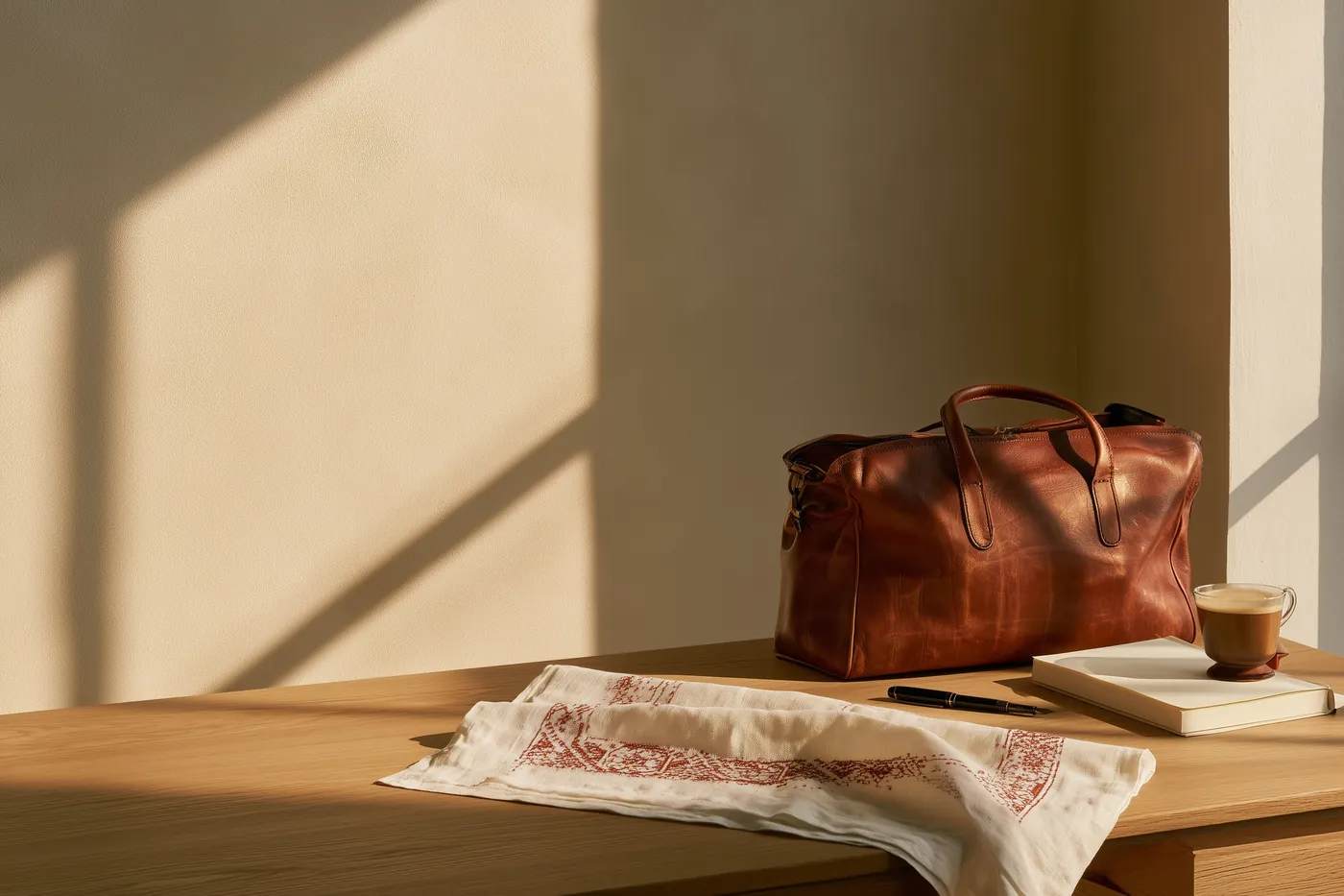 A leather work bag, a notebook and coffee on an oak table in the sunlight, beside a linen towel with red embroidery