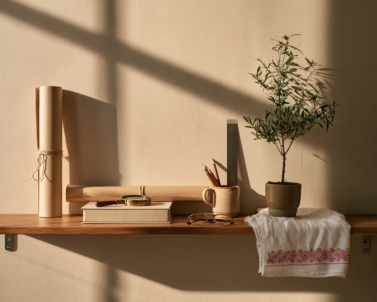 An oak shelf on a warm wall in morning light: a roll of drawings, a magnifying glass on a linen-bound book, glasses, a mug with pencils and a ruler, a small olive tree on a linen towel with red embroidery