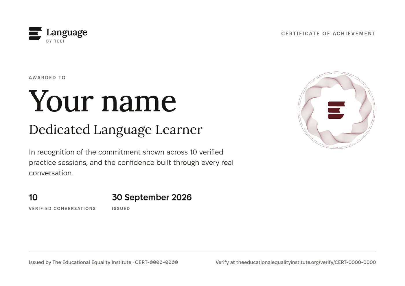Sample TEEI Language certificate: “Your name”, level Dedicated Language Learner, 10 verified conversations, issued by The Educational Equality Institute