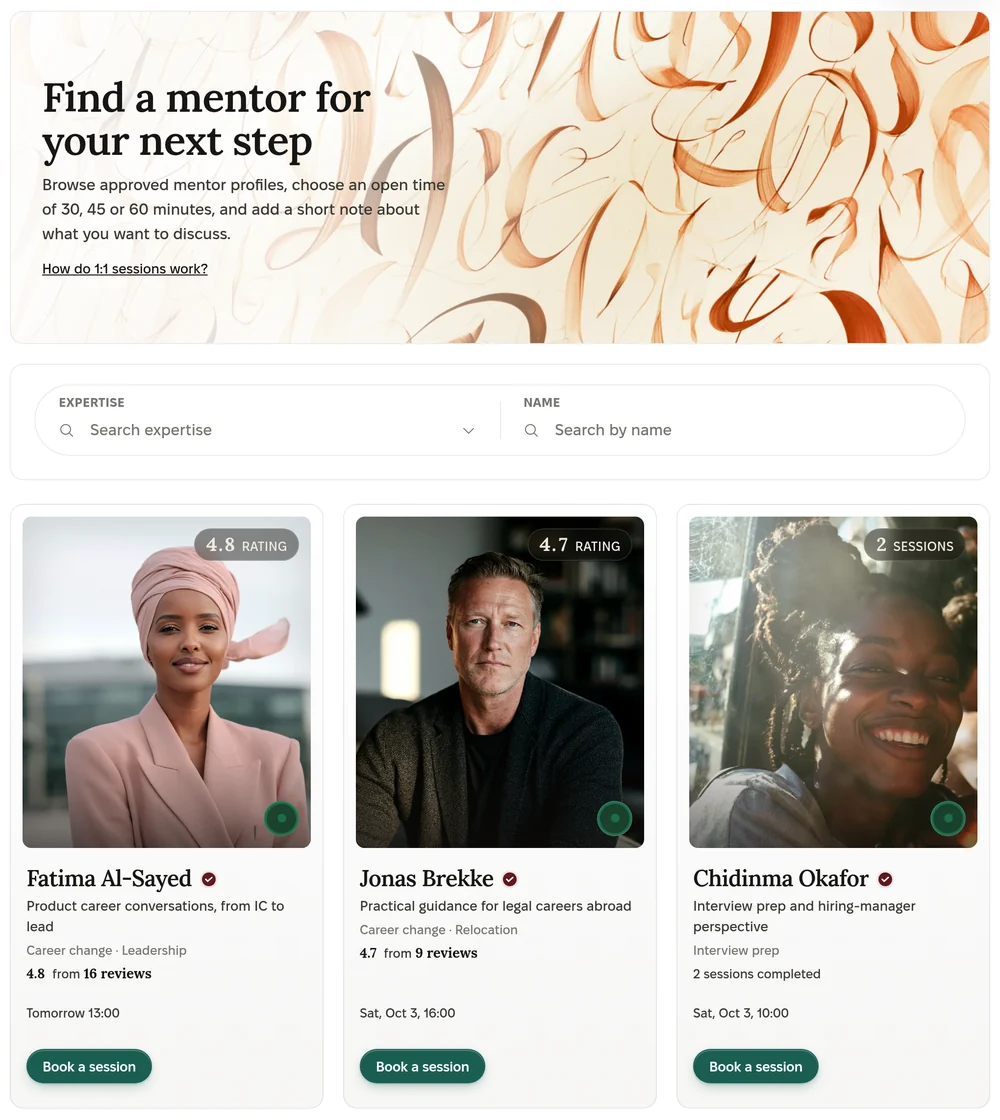 Finding a mentor on the TEEI Mentorship platform in English: filters for expertise and name, and mentor profiles with a “Book a session” button. The profiles are demo profiles from the platform’s public tour