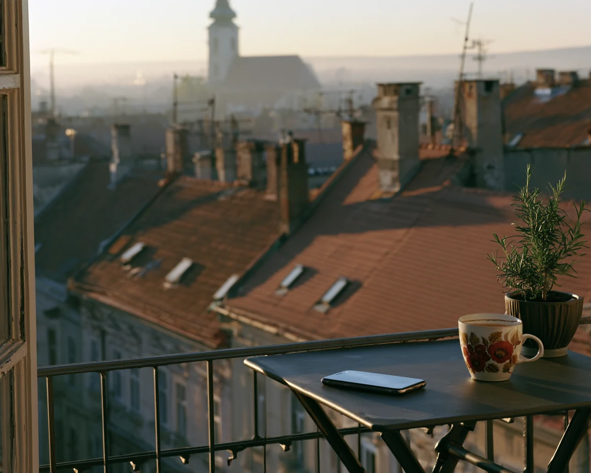 A coffee cup painted with Ukrainian folk flowers and a phone on a balcony table, terracotta rooftops and a church tower in the morning haze beyond