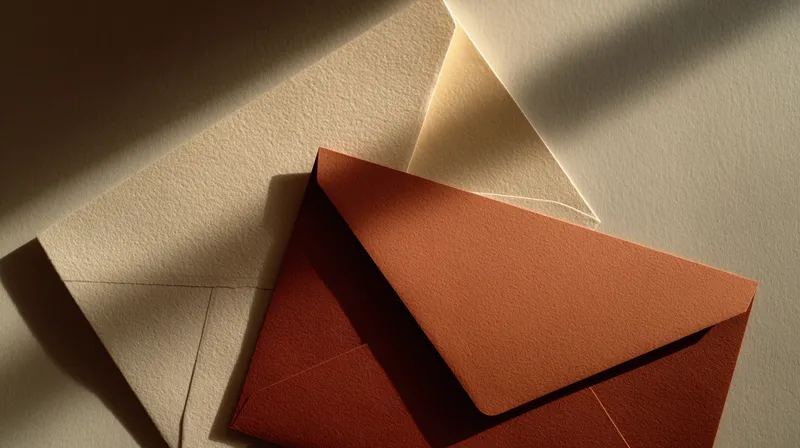 Overlapping sheets of warm paper with a terracotta envelope