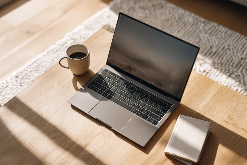 A laptop in warm morning light