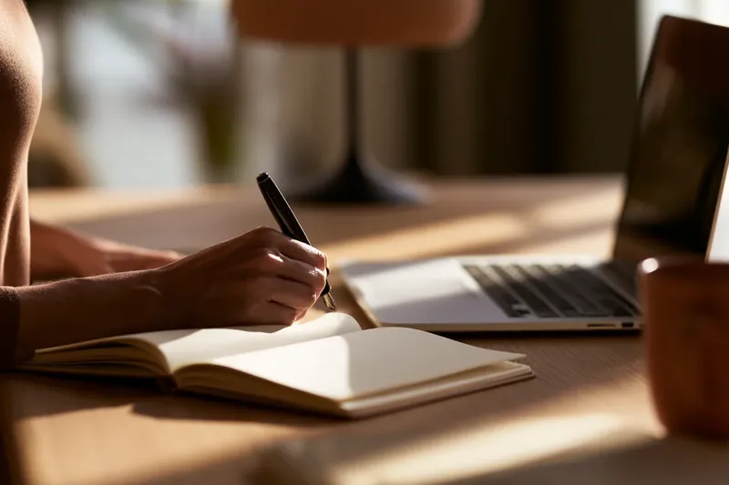 A hand writing in a notebook beside an open laptop