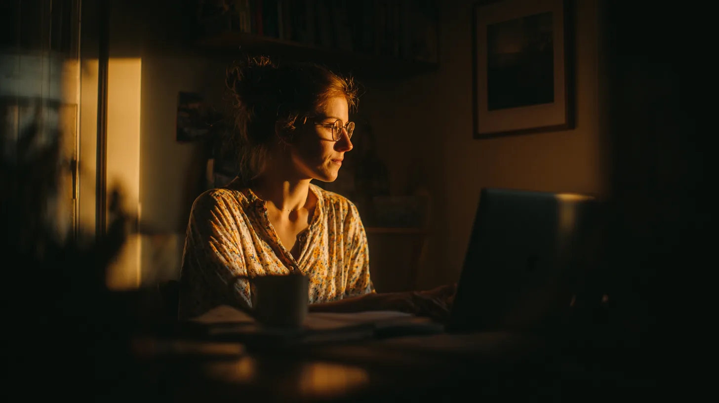 En kvinne sitter ved en laptop i varmt lys, med en kopp på bordet