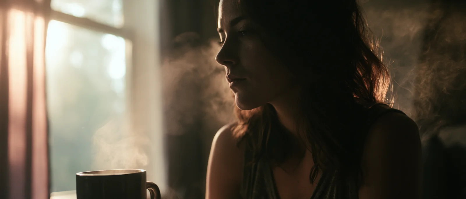 A woman in morning light, steam rising from her mug