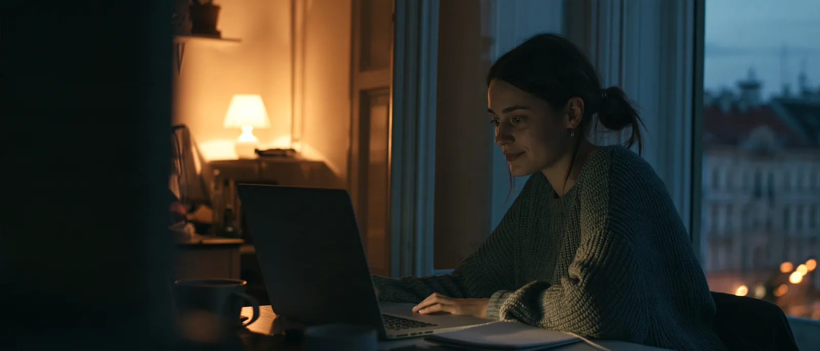 A woman smiling during a video call by a bright window