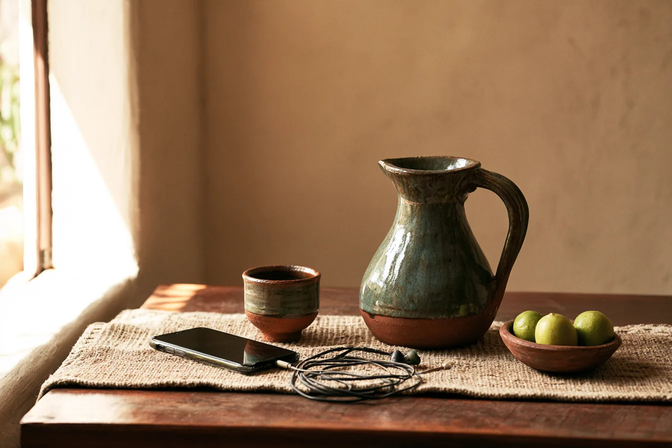 A phone with earphones on a woven cloth, a glazed jug, a small cup and a bowl of limes on a kitchen table