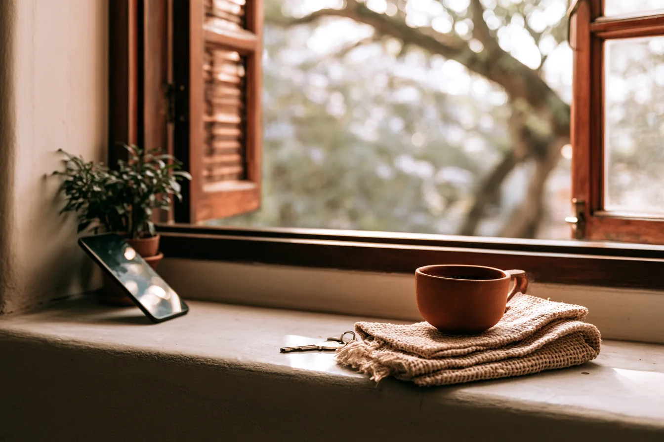 A phone leaning on a small plant on a deep window sill, a clay cup on a folded cloth, open wooden shutters and a tree beyond