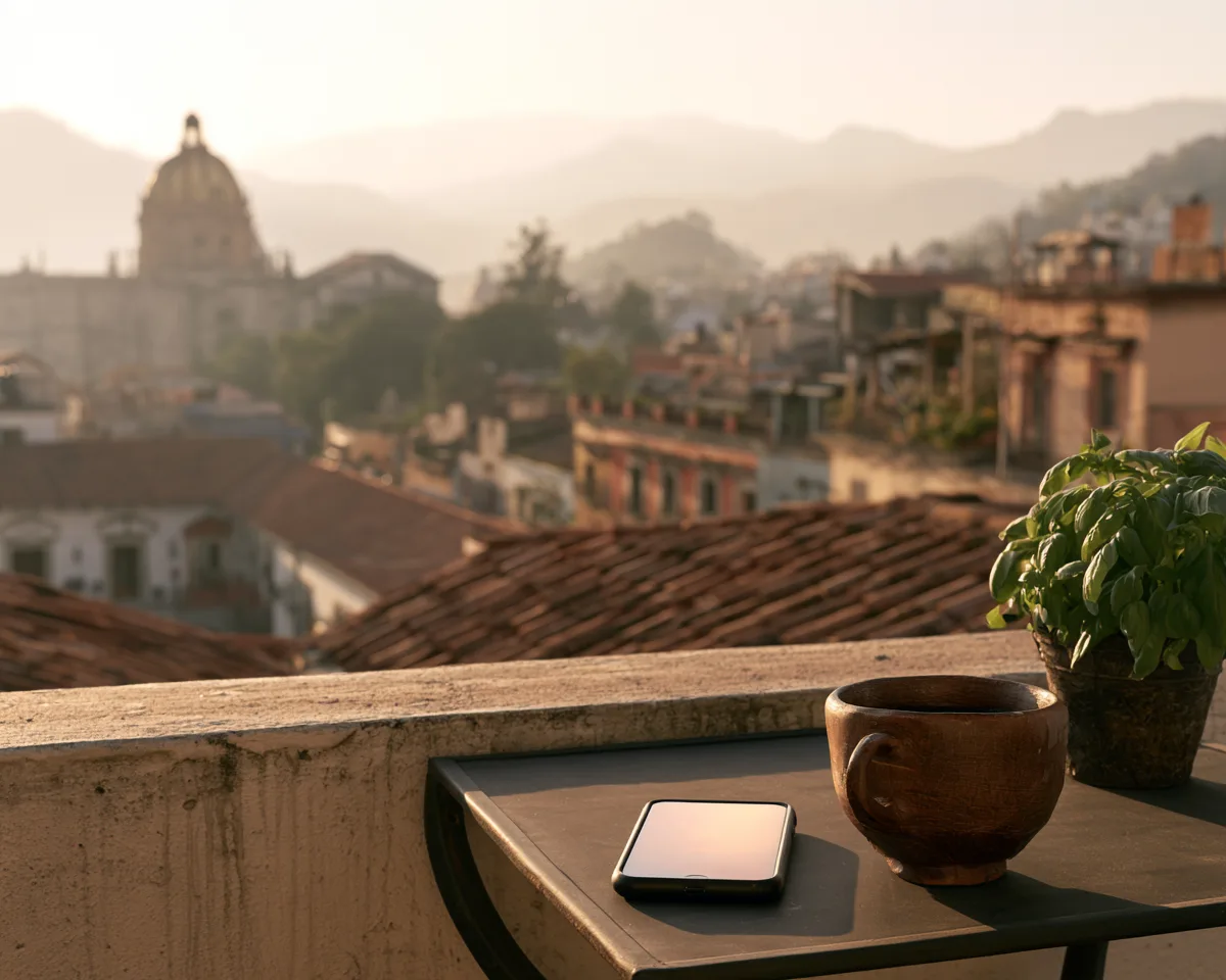 A cup and a phone on a small terrace table, tiled roofs, a church dome and hills in the morning haze beyond