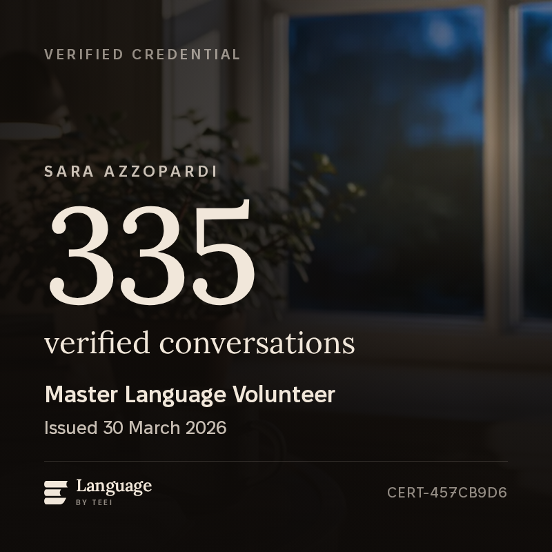 The Master Language Volunteer badge for Sara Azzopardi, showing 335 verified conversations and the ID CERT-457CB9D6.
