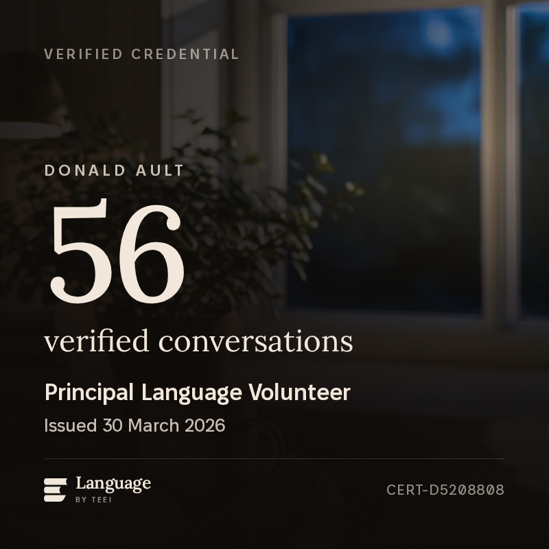 The Principal Language Volunteer badge for Donald Ault, showing 56 verified conversations and the ID CERT-D5208808.