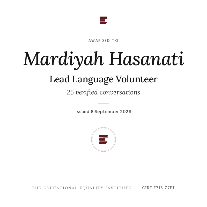 The Lead Language Volunteer badge for Mardiyah Hasanati, showing 25 verified conversations with 13 learners in Ukraine and the ID CERT-E7JS-Z7PT.