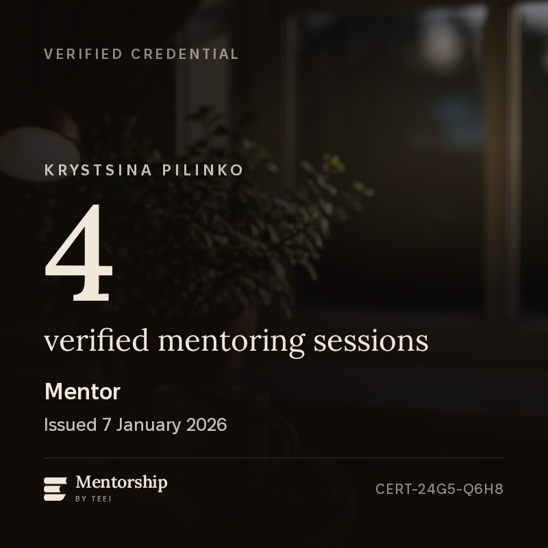 The Mentor badge for Krystsina Pilinko, showing 4 verified mentoring sessions and the ID CERT-24G5-Q6H8.