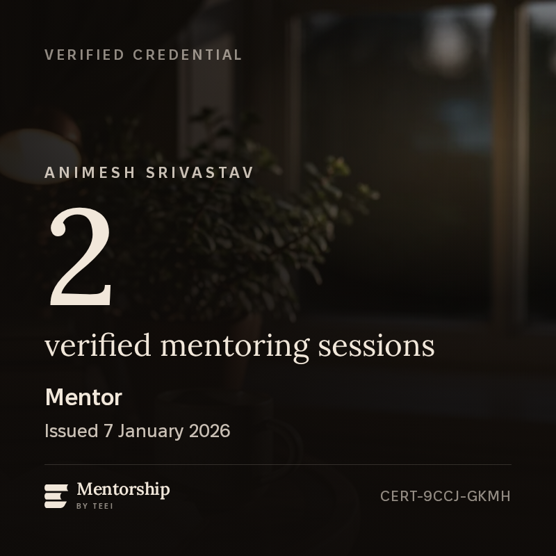 The Mentor badge for Animesh Srivastav, showing 2 verified mentoring sessions and the ID CERT-9CCJ-GKMH.