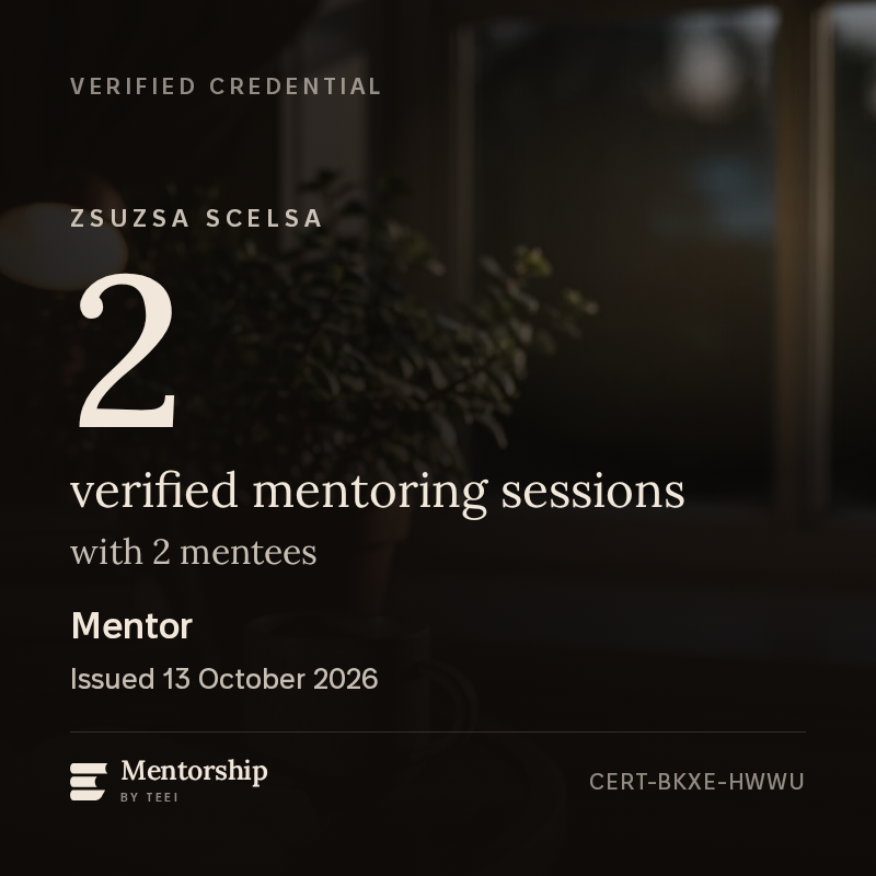 The Mentor badge for Zsuzsa Scelsa, showing 2 verified mentoring sessions with 2 mentees and the ID CERT-BKXE-HWWU.