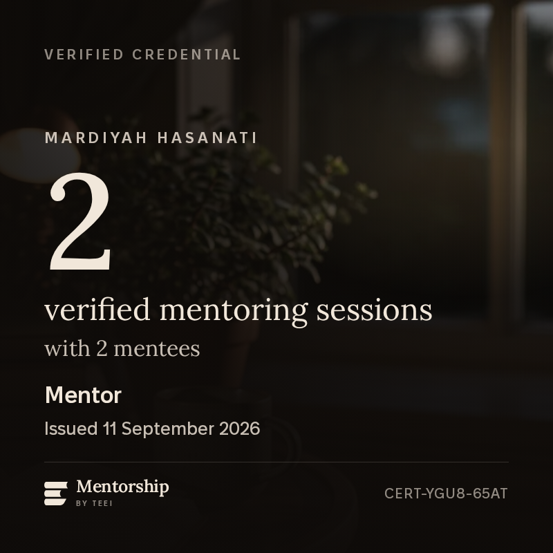 The Mentor badge for Mardiyah Hasanati, showing 2 verified mentoring sessions with 2 mentees and the ID CERT-YGU8-65AT.